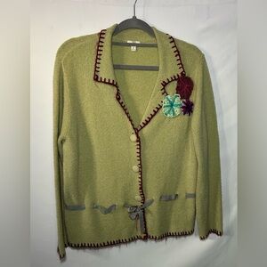 J.Jill Wool Blend Knit Cardigan Jacket Embroidered Trim Floral Appliqué Ribbon M